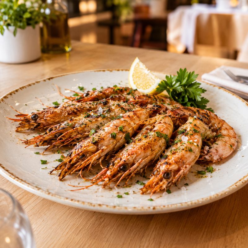 Plato de langostinos a la plancha en un restaurante